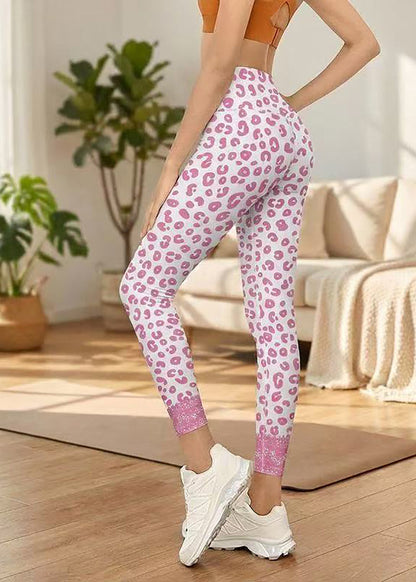 Stylish Pink Leopard Print Super Stretch High Waist Capri Athletic Leggings