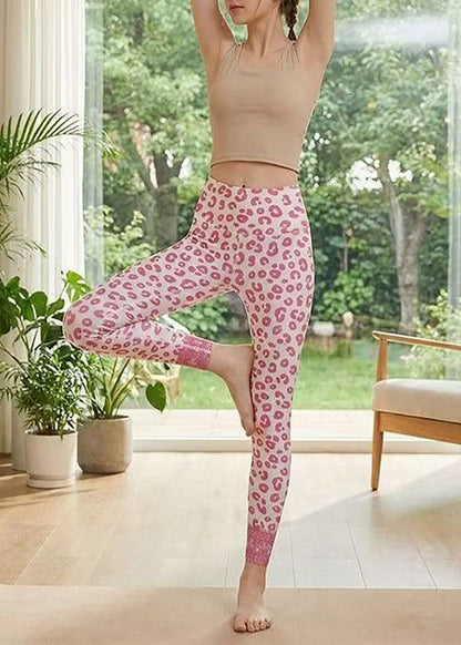 Stylish Pink Leopard Print Super Stretch High Waist Capri Athletic Leggings