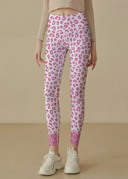 Stylish Pink Leopard Print Super Stretch High Waist Capri Athletic Leggings