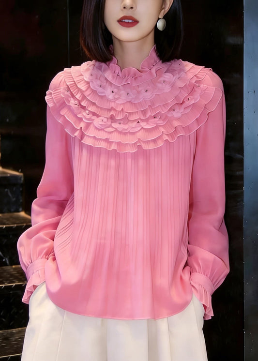 Stylish Pink Mock Neck Nail Bead Layered Ruffled Chiffon Shirt Tops Fall