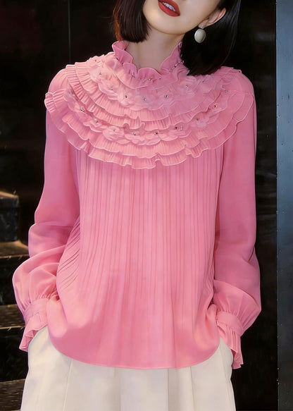 Stylish Pink Mock Neck Nail Bead Layered Ruffled Chiffon Shirt Tops Fall