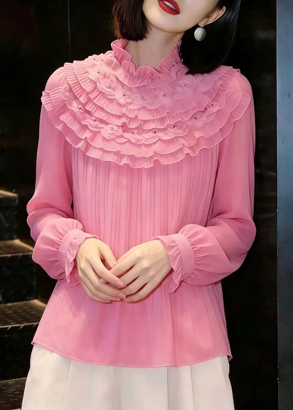 Stylish Pink Mock Neck Nail Bead Layered Ruffled Chiffon Shirt Tops Fall