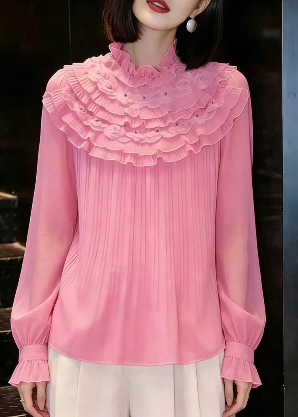 Stylish Pink Mock Neck Nail Bead Layered Ruffled Chiffon Shirt Tops Fall