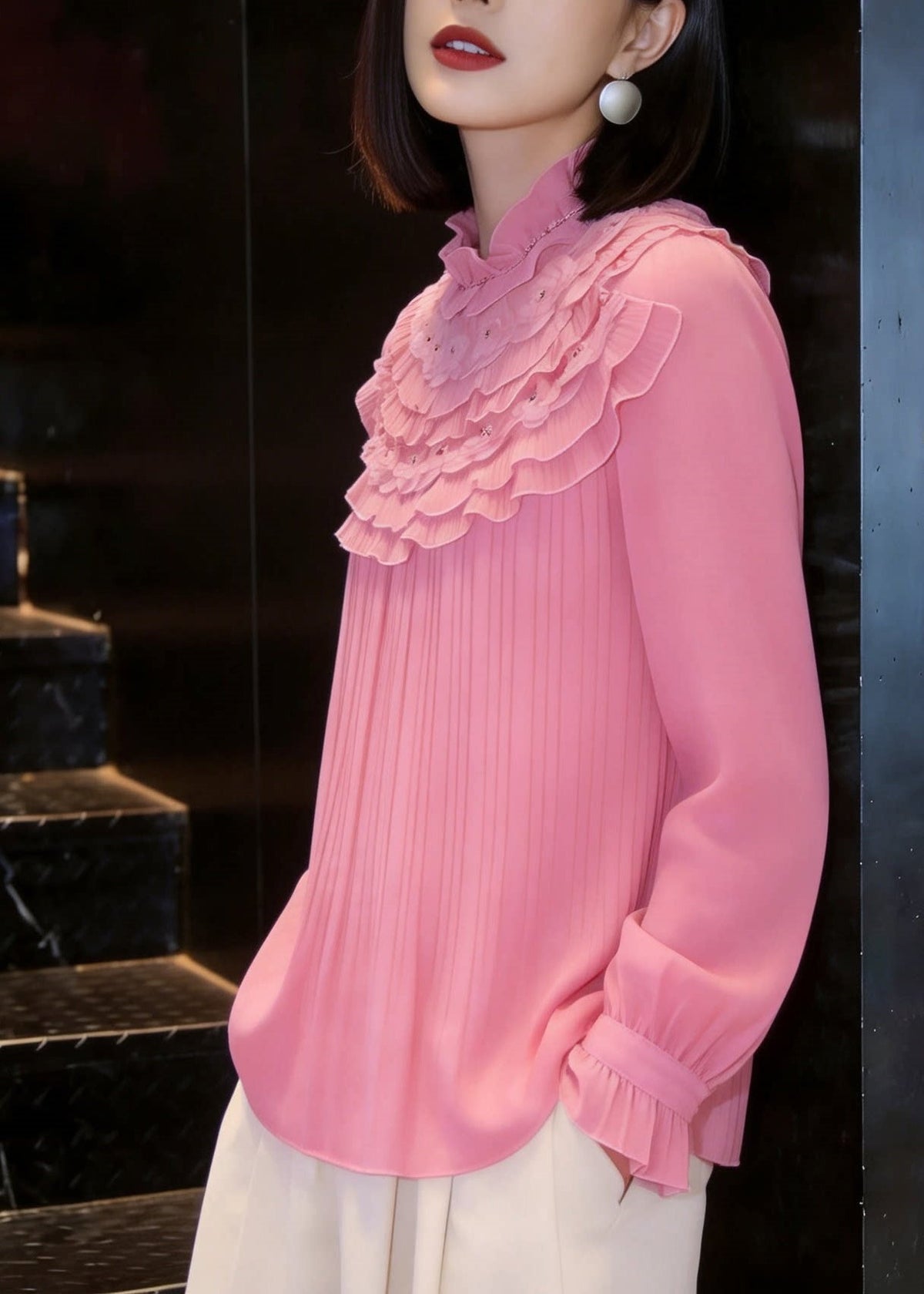 Stylish Pink Mock Neck Nail Bead Layered Ruffled Chiffon Shirt Tops Fall