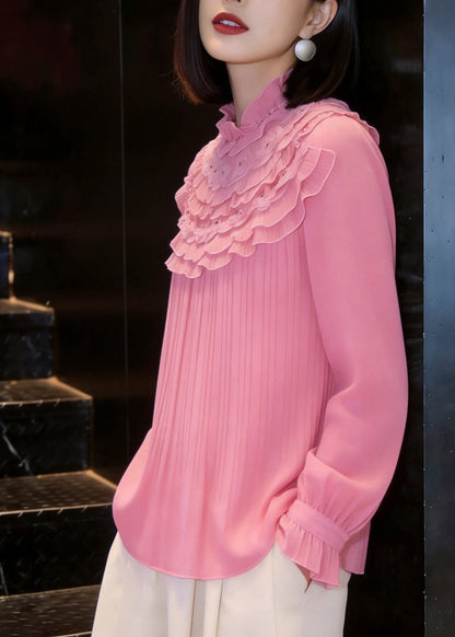 Stylish Pink Mock Neck Nail Bead Layered Ruffled Chiffon Shirt Tops Fall