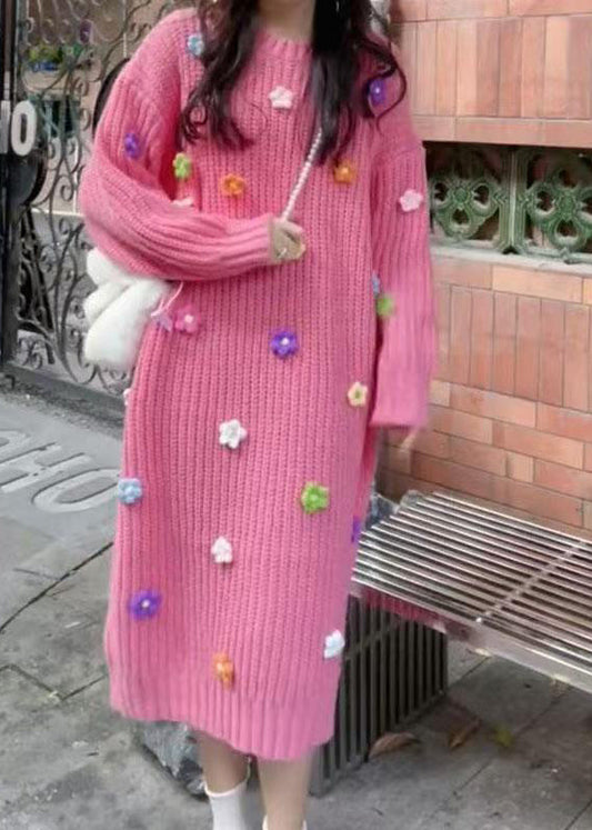 Stylish Pink O Neck Floral Long Knit Dress Winter