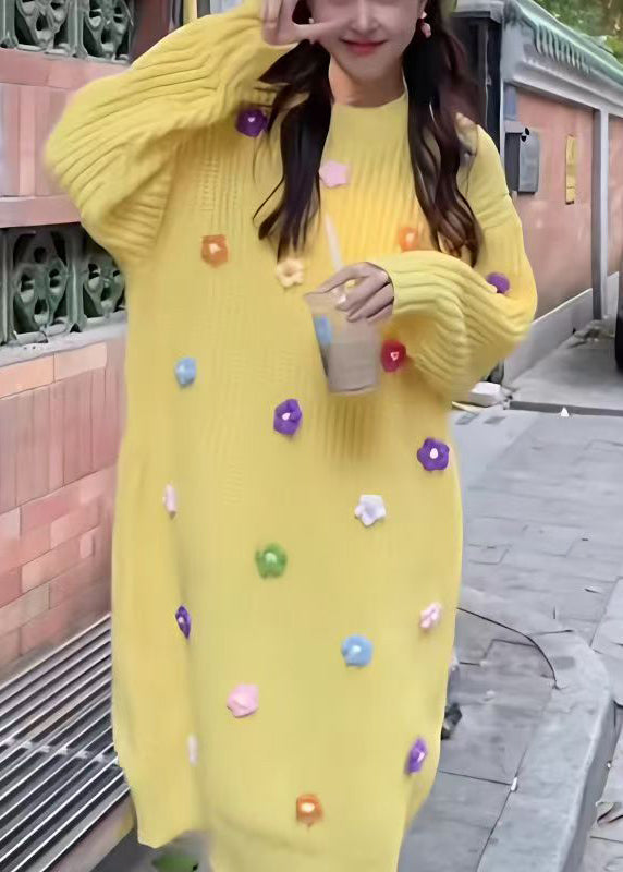 Stylish Pink O Neck Floral Long Knit Dress Winter