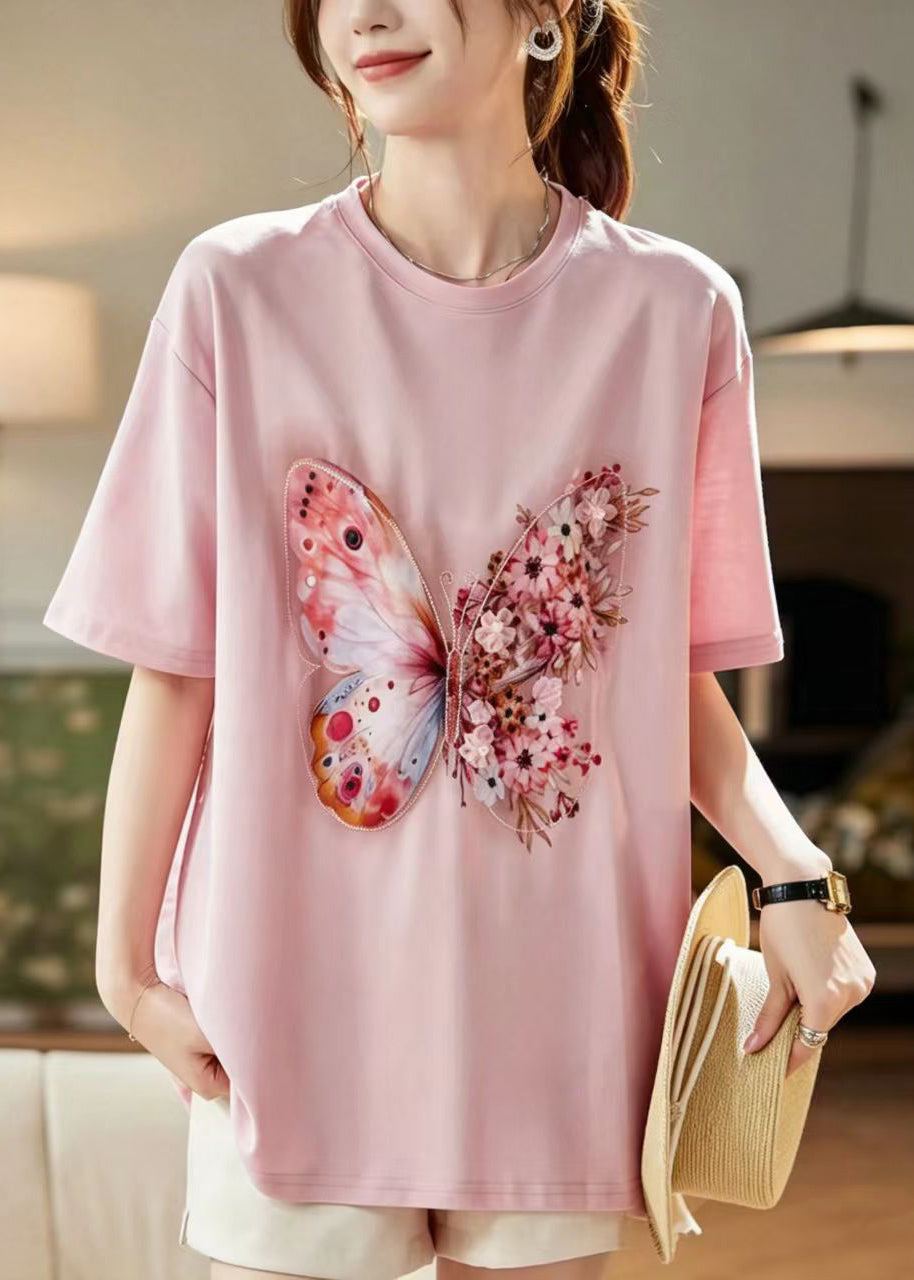 Stylish Pink O-Neck Hollow Out Butterfly Print Cotton Top Short Sleeve