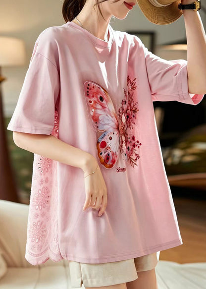 Stylish Pink O-Neck Hollow Out Butterfly Print Cotton Top Short Sleeve