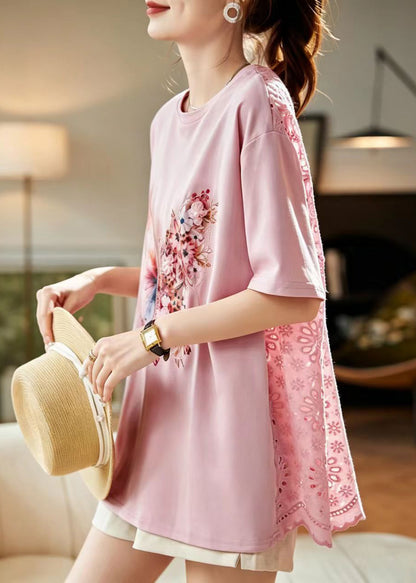 Stylish Pink O-Neck Hollow Out Butterfly Print Cotton Top Short Sleeve