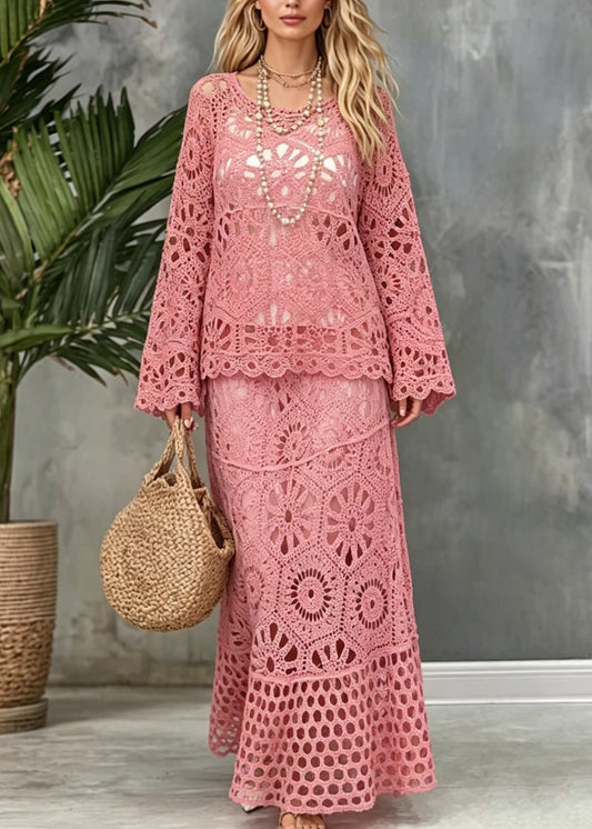 Stylish Pink O Neck Patchwork Hollow Out Lace Two Pieces Set Summer