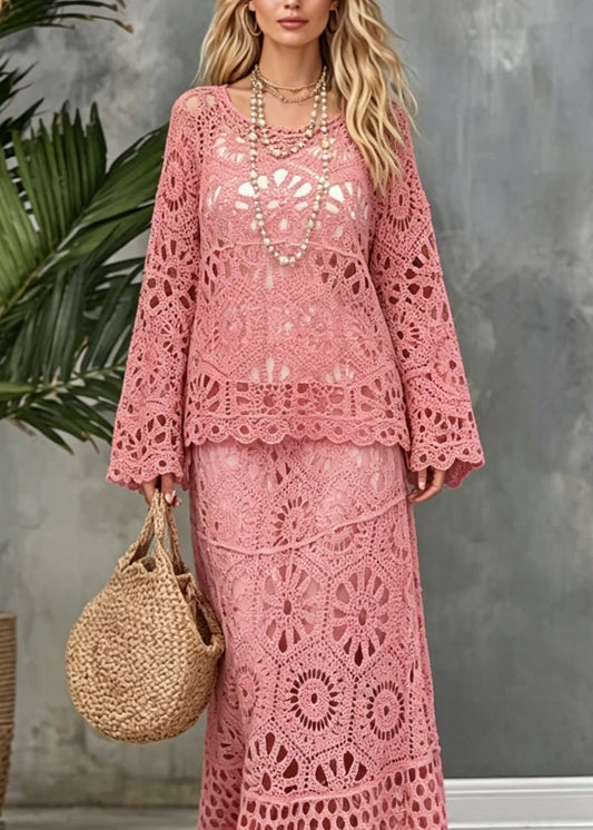 Stylish Pink O Neck Patchwork Hollow Out Lace Two Pieces Set Summer