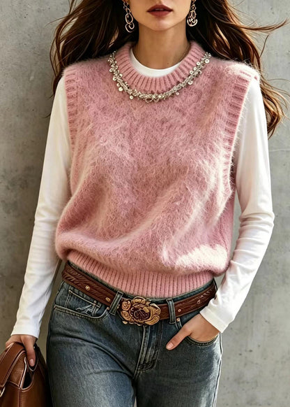 Stylish Pink O-Neck Sequins Knit Waistcoat Top Sleeveless