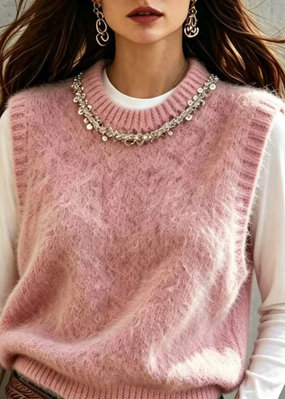 Stylish Pink O-Neck Sequins Knit Waistcoat Top Sleeveless