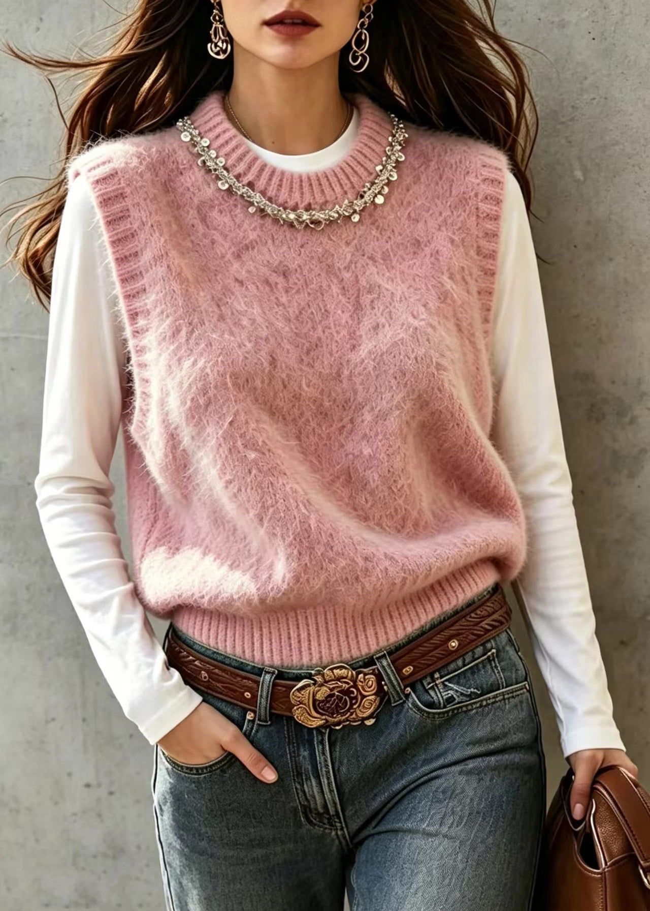 Stylish Pink O-Neck Sequins Knit Waistcoat Top Sleeveless