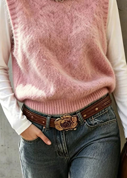 Stylish Pink O-Neck Sequins Knit Waistcoat Top Sleeveless
