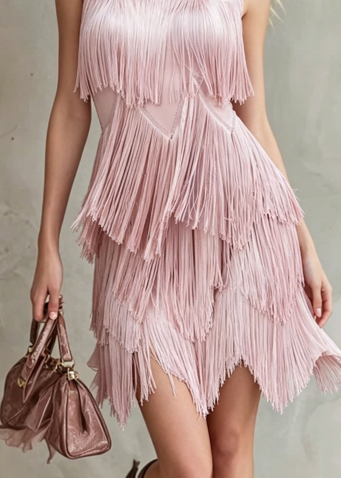 Stylish Pink O Neck Tassel Patchwork Polyester Dress Sleeveless