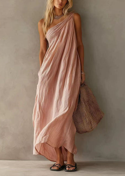 Stylish Pink One Shoulder Cotton Long Dresses Summer