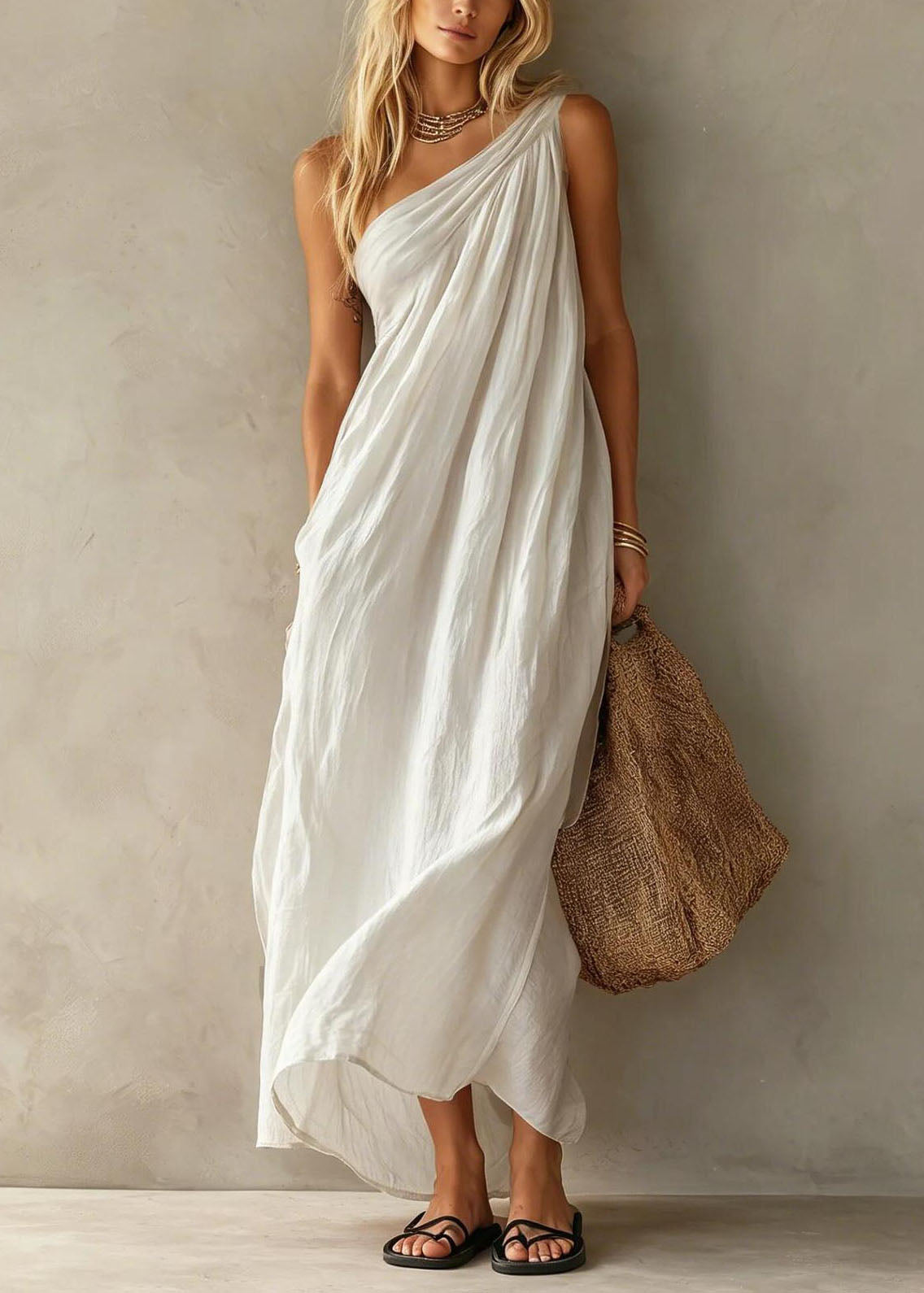 Stylish Pink One Shoulder Cotton Long Dresses Summer