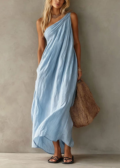 Stylish Pink One Shoulder Cotton Long Dresses Summer