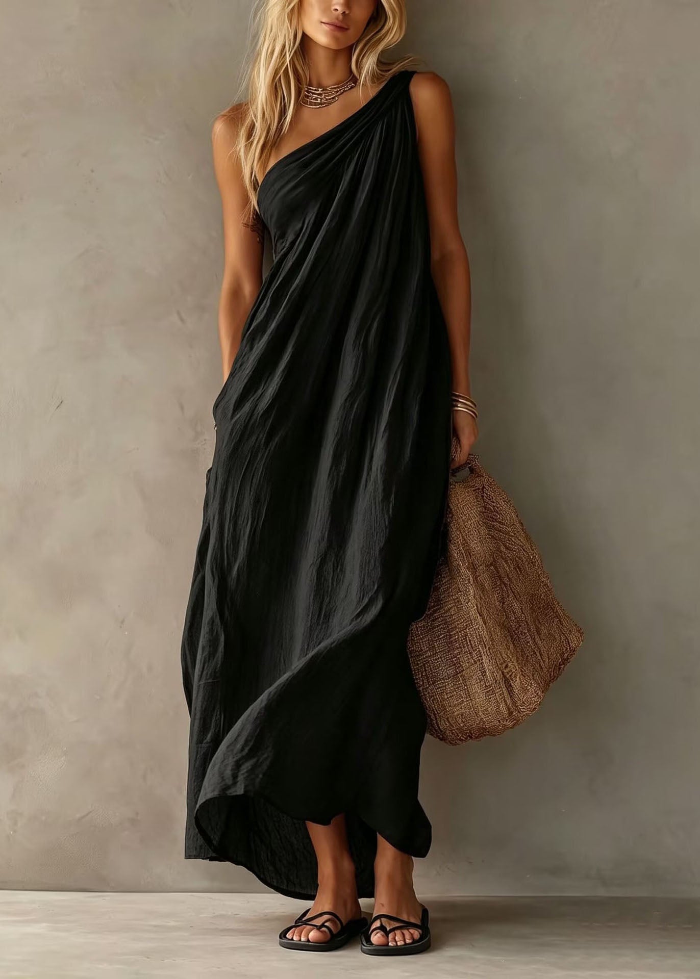 Stylish Pink One Shoulder Cotton Long Dresses Summer