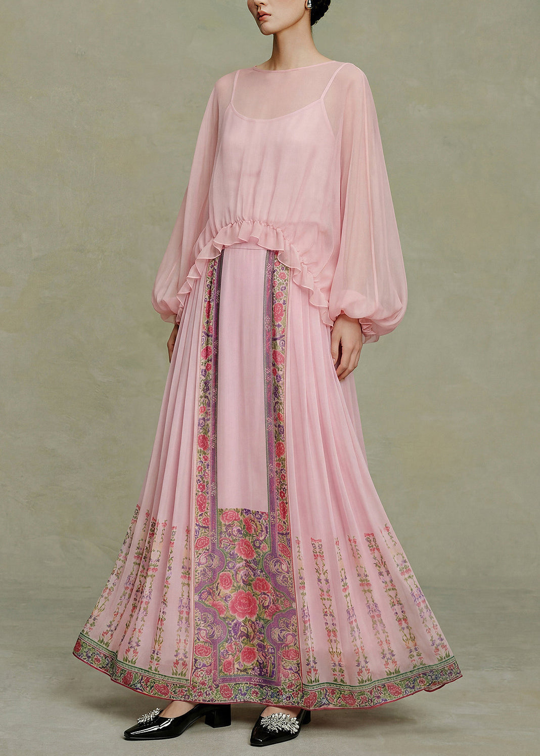 Stylish Pink Print Exra Large Hem Silk Skirt Summer