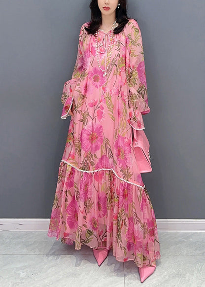 Stylish Pink Print Patchwork Chiffon Long Dress Fall