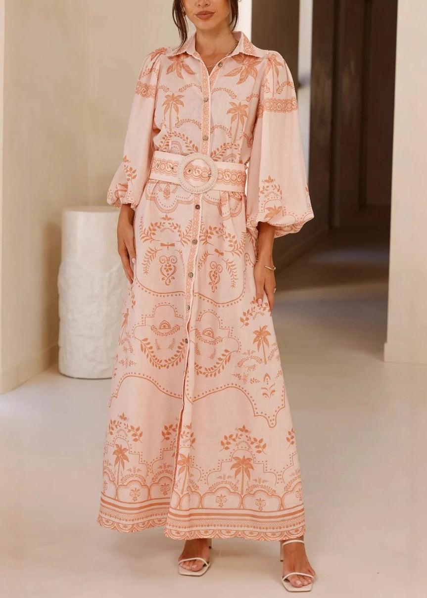 Stylish Pink Print Sashes Linen Shirts Dress Puff Sleeve