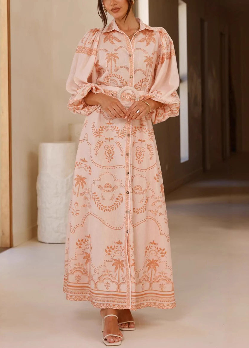 Stylish Pink Print Sashes Linen Shirts Dress Puff Sleeve