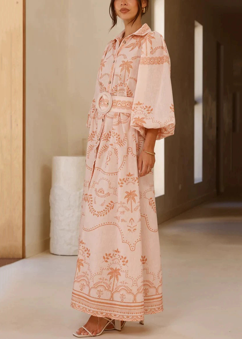 Stylish Pink Print Sashes Linen Shirts Dress Puff Sleeve