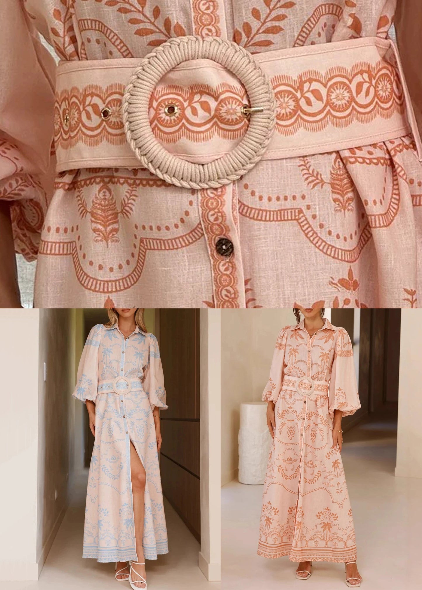 Stylish Pink Print Sashes Linen Shirts Dress Puff Sleeve