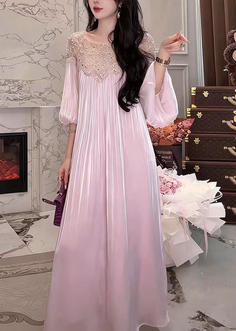 Stylish Pink Purple O-Neck Nail Bead Sequins Satin Dresses Lantern Sleeve
