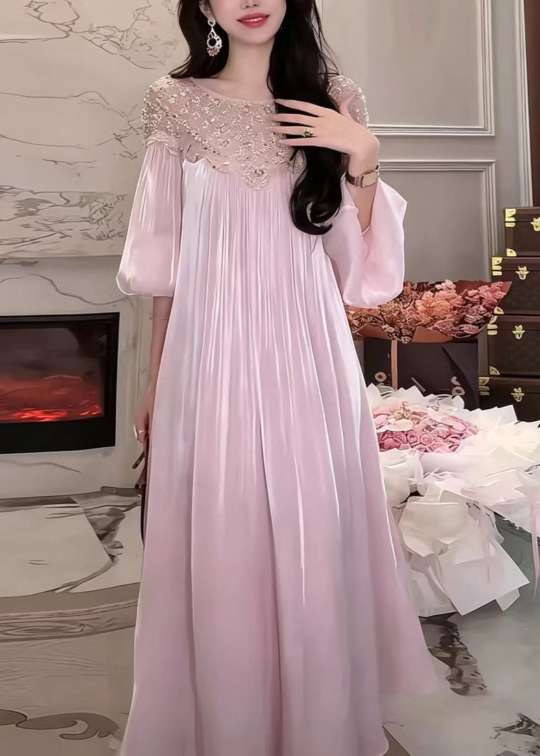 Stylish Pink Purple O-Neck Nail Bead Sequins Satin Dresses Lantern Sleeve