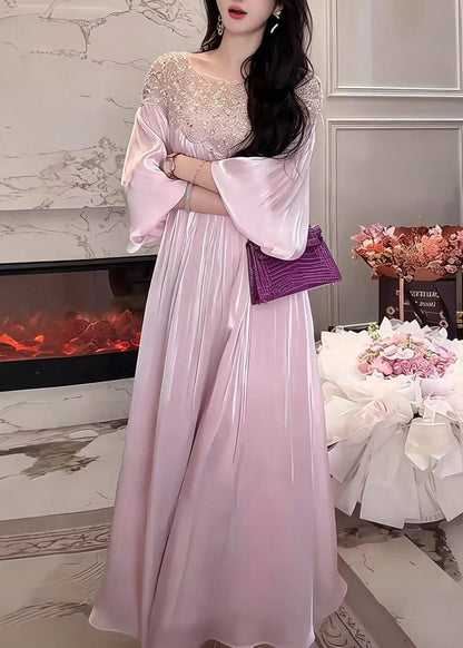 Stylish Pink Purple O-Neck Nail Bead Sequins Satin Dresses Lantern Sleeve