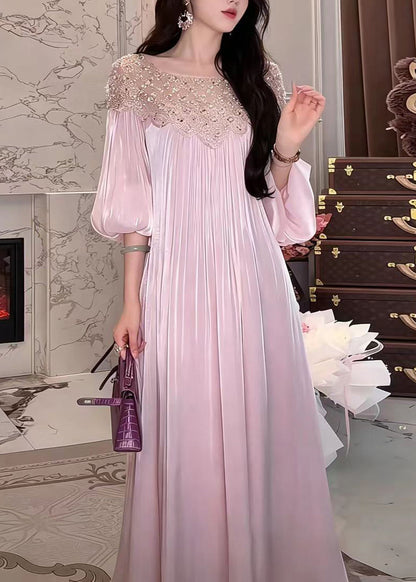 Stylish Pink Purple O-Neck Nail Bead Sequins Satin Dresses Lantern Sleeve