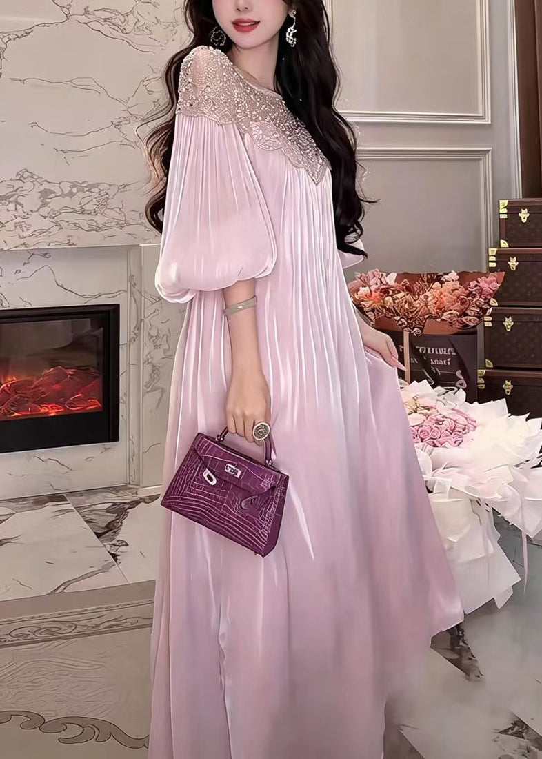 Stylish Pink Purple O-Neck Nail Bead Sequins Satin Dresses Lantern Sleeve