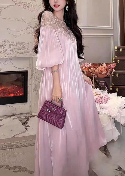 Stylish Pink Purple O-Neck Nail Bead Sequins Satin Dresses Lantern Sleeve