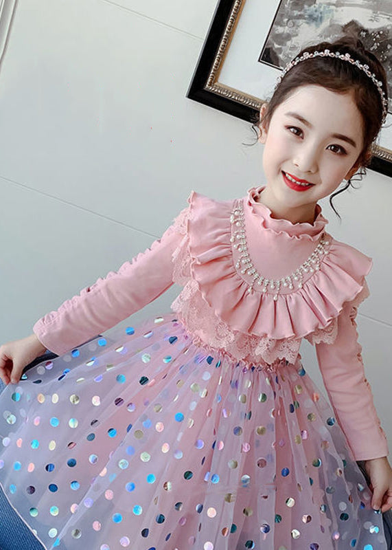 Stylish Pink Ruffled Dot Patchwork Cotton Baby Girls Dresses Fall