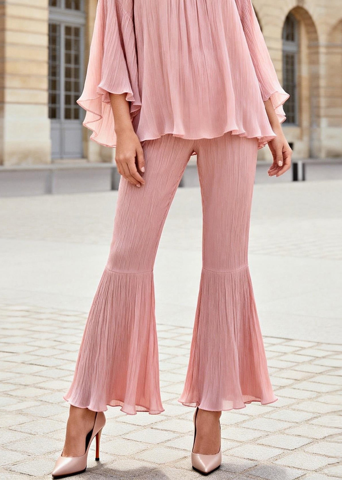 Stylish Pink Ruffled Patchwork Silk Two Pieces Set Spring