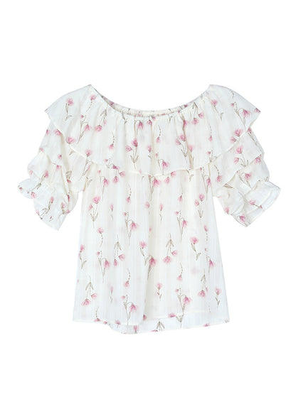 Stylish Pink Ruffled Print Chiffon Blouses Summer