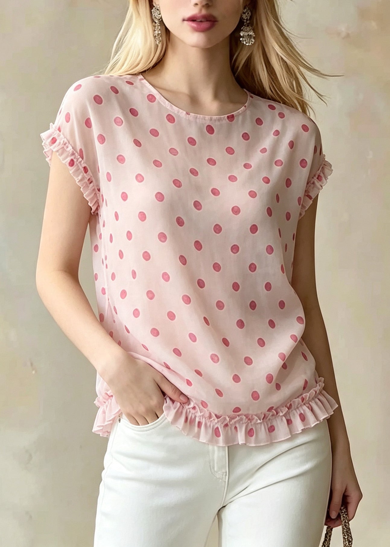 Stylish Pink Ruffled Print Cotton Blouses Summer