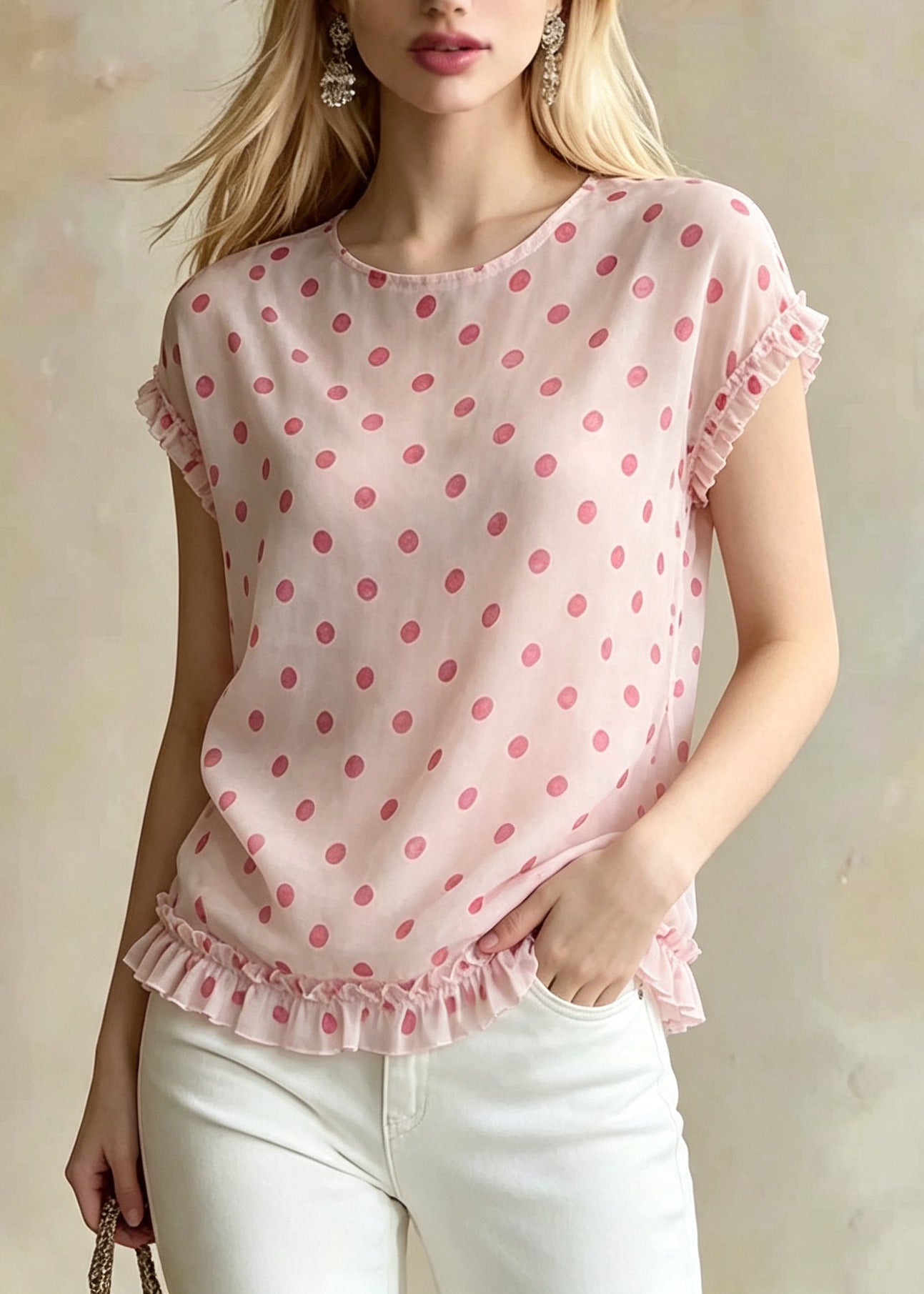 Stylish Pink Ruffled Print Cotton Blouses Summer