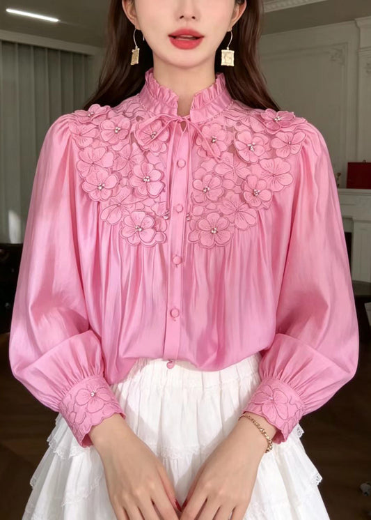 Stylish Pink Stand Collar Ruffled Lace Up Stereoscpic Floral Shirts Fall