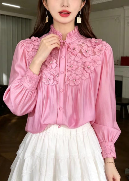 Stylish Pink Stand Collar Ruffled Lace Up Stereoscpic Floral Shirts Fall