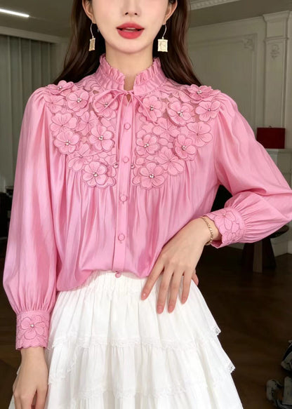 Stylish Pink Stand Collar Ruffled Lace Up Stereoscpic Floral Shirts Fall