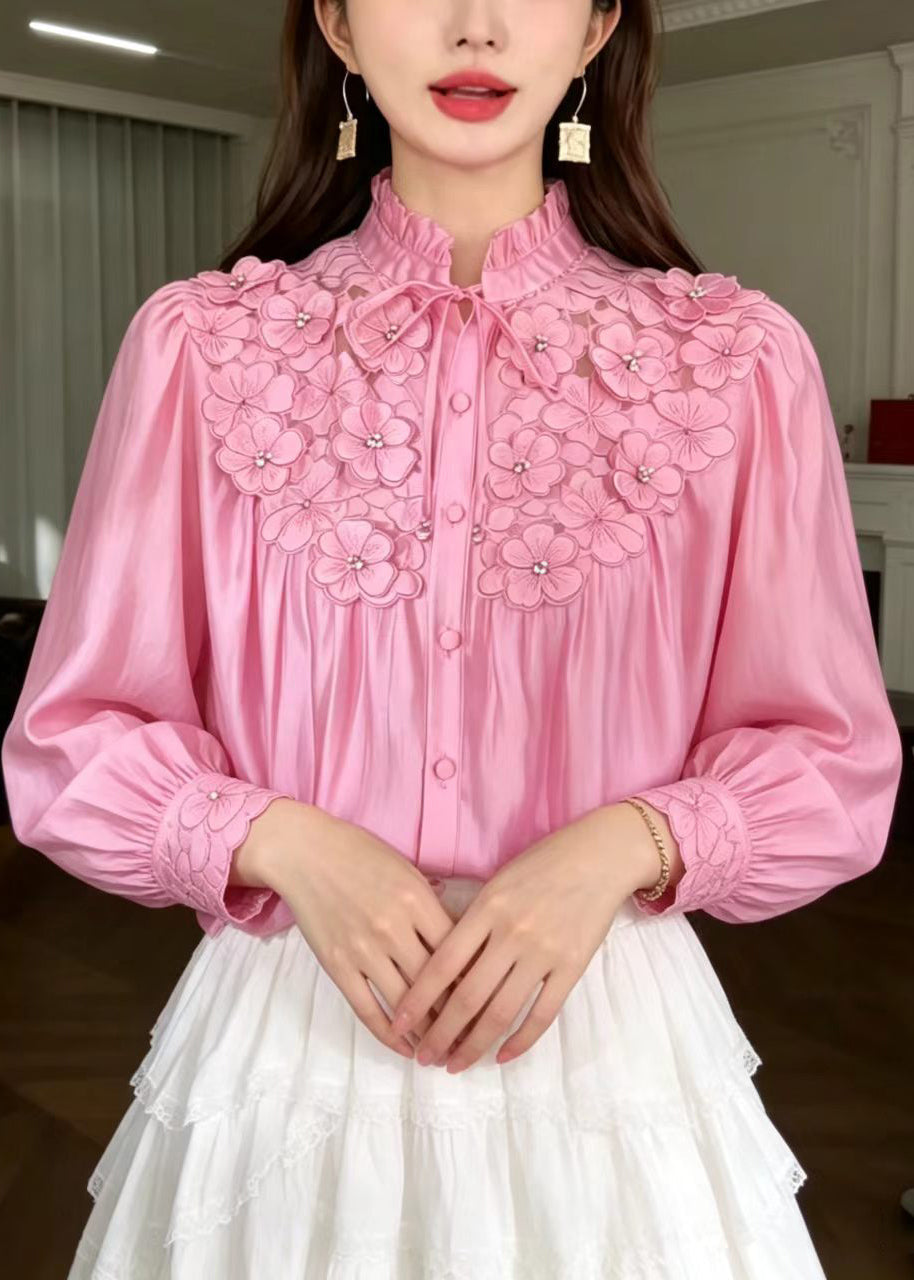 Stylish Pink Stand Collar Ruffled Lace Up Stereoscpic Floral Shirts Fall