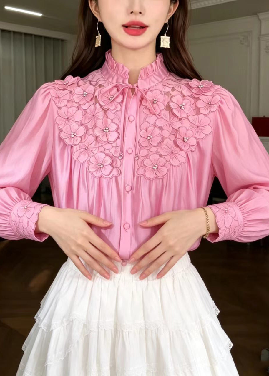 Stylish Pink Stand Collar Ruffled Lace Up Stereoscpic Floral Shirts Fall
