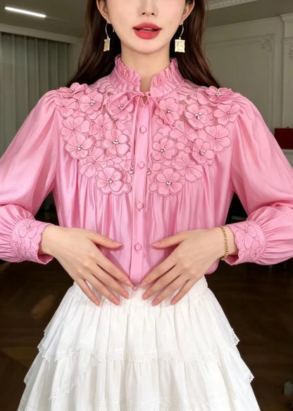 Stylish Pink Stand Collar Ruffled Lace Up Stereoscpic Floral Shirts Fall