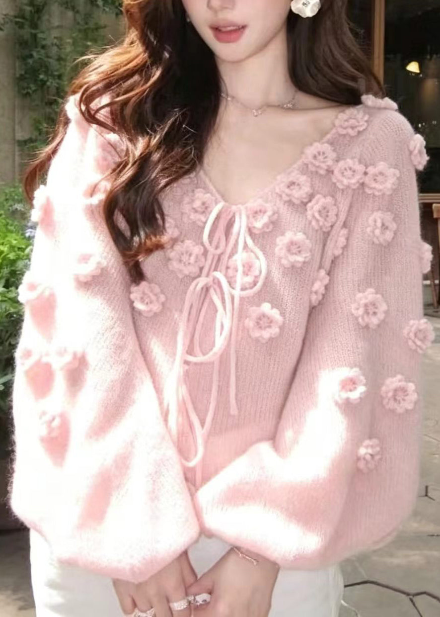 Stylish Pink Stereoscopic Floral Lace Up Knit Pullover Fall