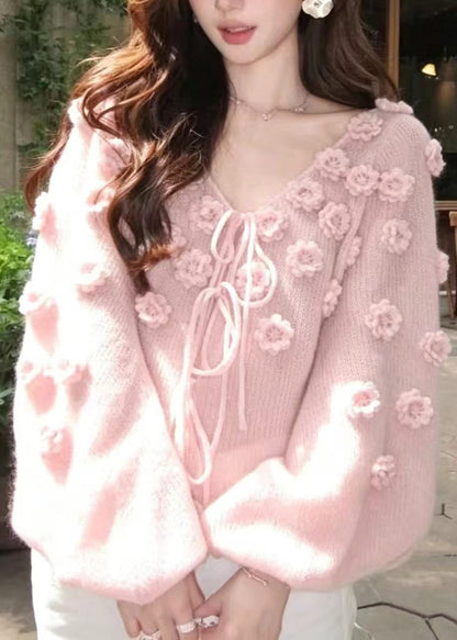 Stylish Pink Stereoscopic Floral Lace Up Knit Pullover Fall